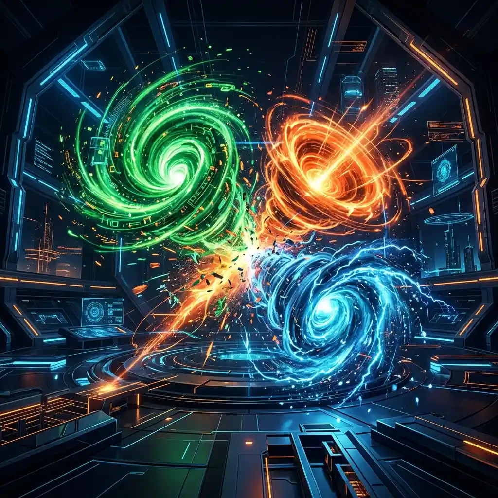 Three swirling energy vortexes in green, orange, and blue